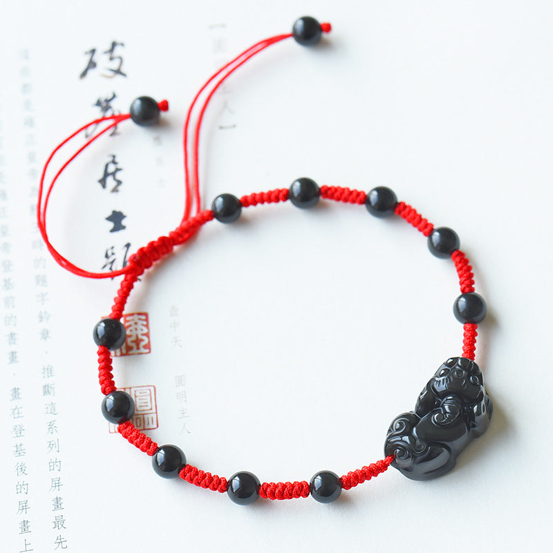 Black Obsidian Pixiu Bracelet with Red String Cord