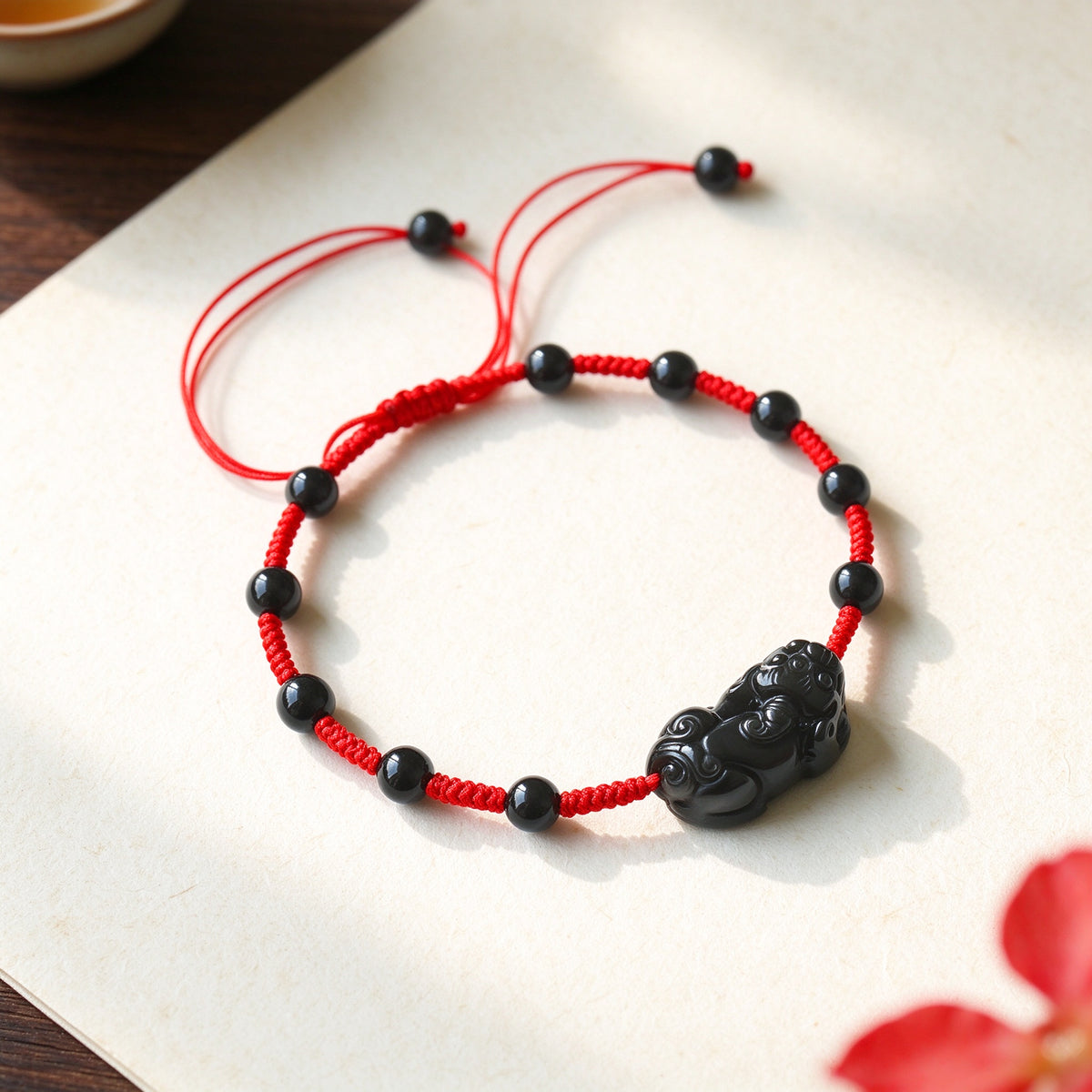 Black Obsidian Pixiu Bracelet with Red String Cord