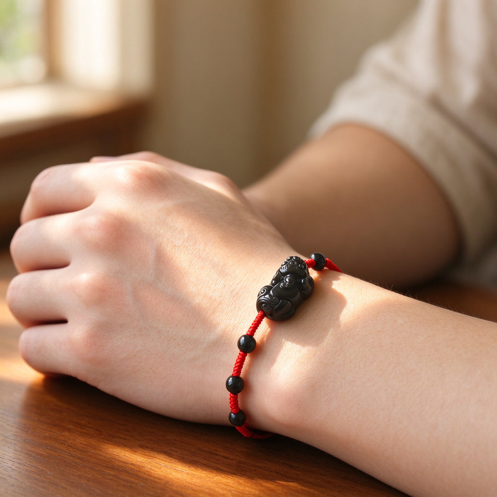Black Obsidian Pixiu Bracelet with Red String Cord