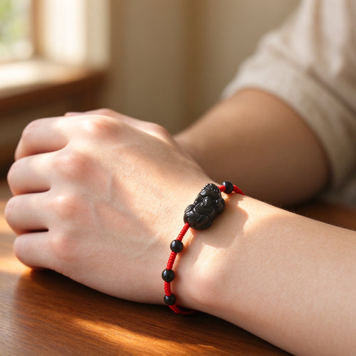 Black Obsidian Pixiu Bracelet with Red String Cord