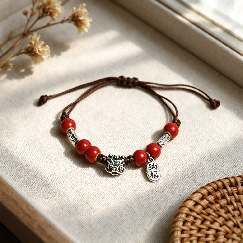 Cinnabar Red Bead Bracelet with Silver Lucky Charms