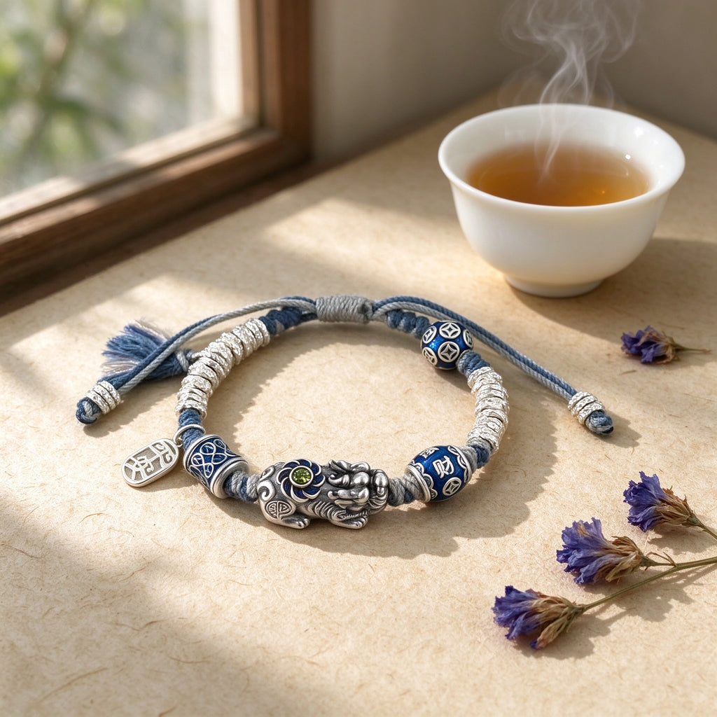 Silver Pixiu Bracelet with Cloisonné Beads & Luck Charm