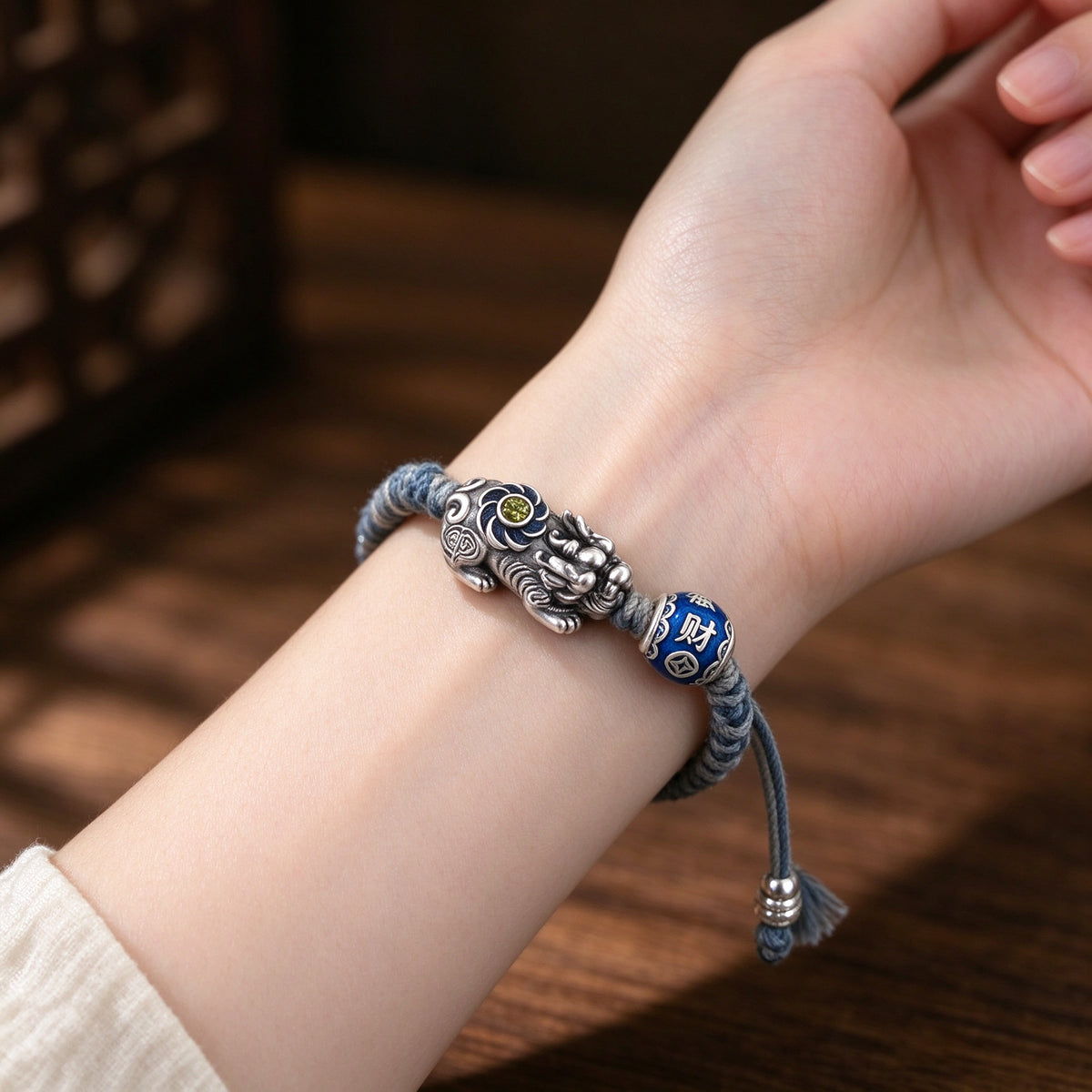 Silver Pixiu Bracelet with Cloisonné Beads & Luck Charm